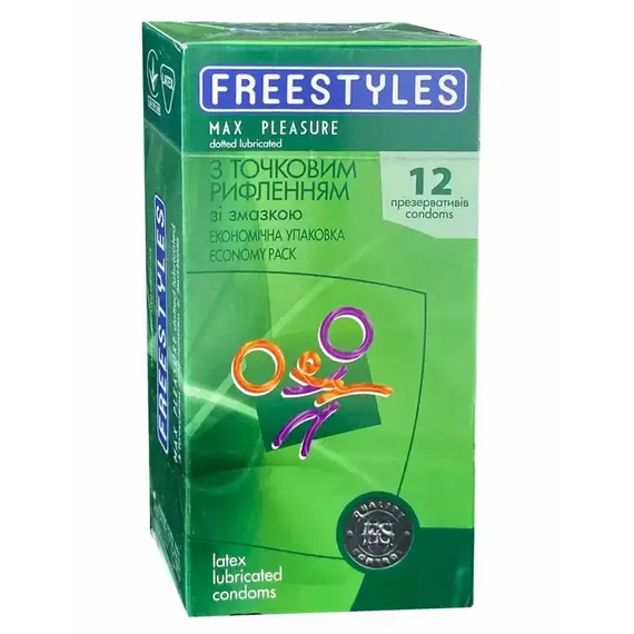 Презервативи з точковим рифленням FREESTYLES Max Pleasure 0.06 мм, 12 шт, Кількість в упаковці: 12 шт, Поверхня: Точкові